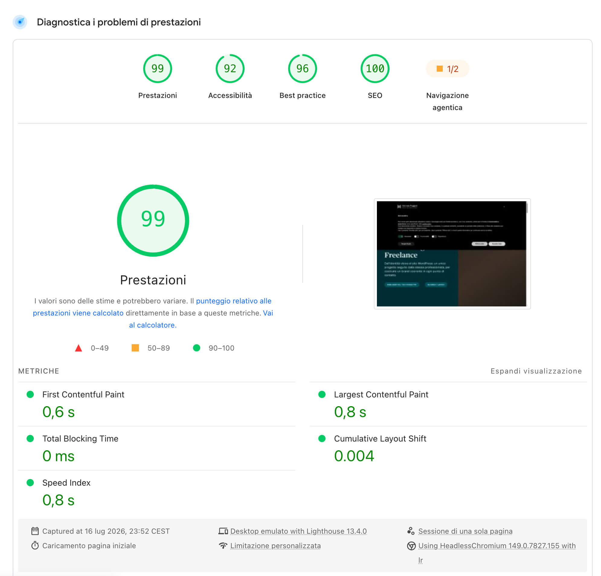 Risultati Google PageSpeed Insights del sito michelapoggioli.com: punteggio prestazioni 99 su 100