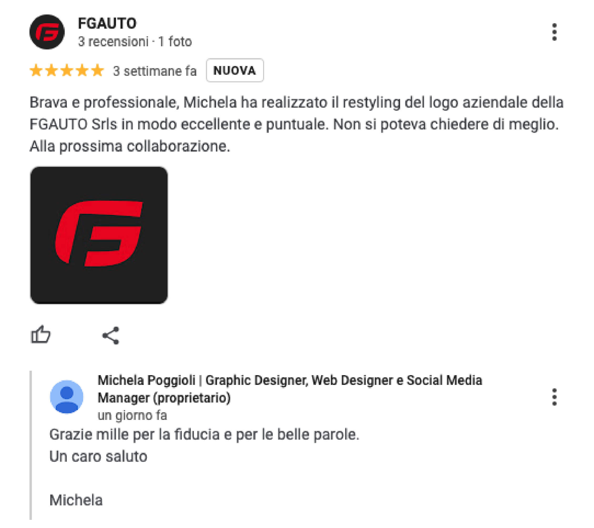 Recensione positiva del cliente per il servizio di restyling del logo