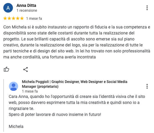 recensione della cliente soddisfatta per il. mio servizio di identità visiva progettazione logo